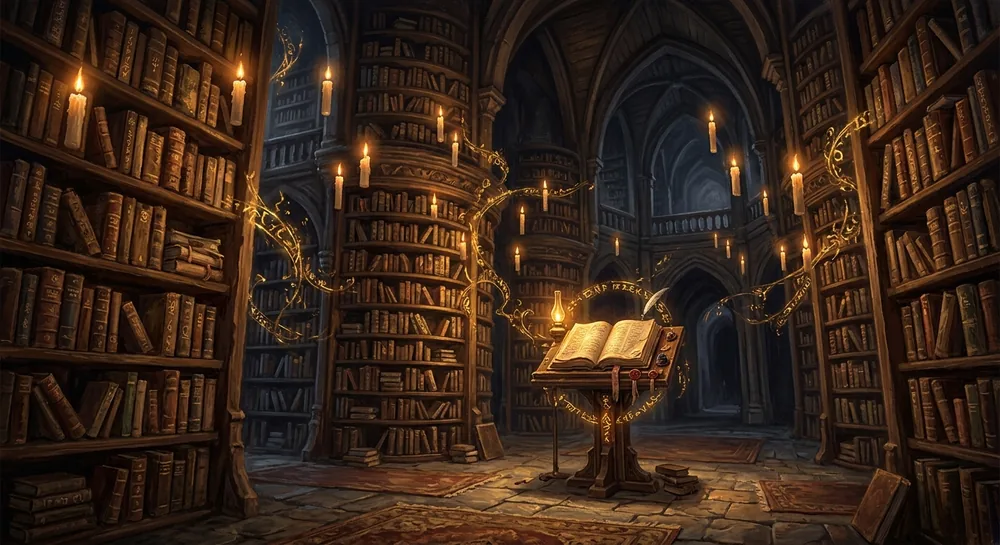 Mroczna arcane biblioteka z pływającymi świecami i złotymi runami