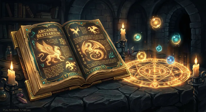 Otwarty tom bestiariusza z runami i magicznym kręgiem przywołań