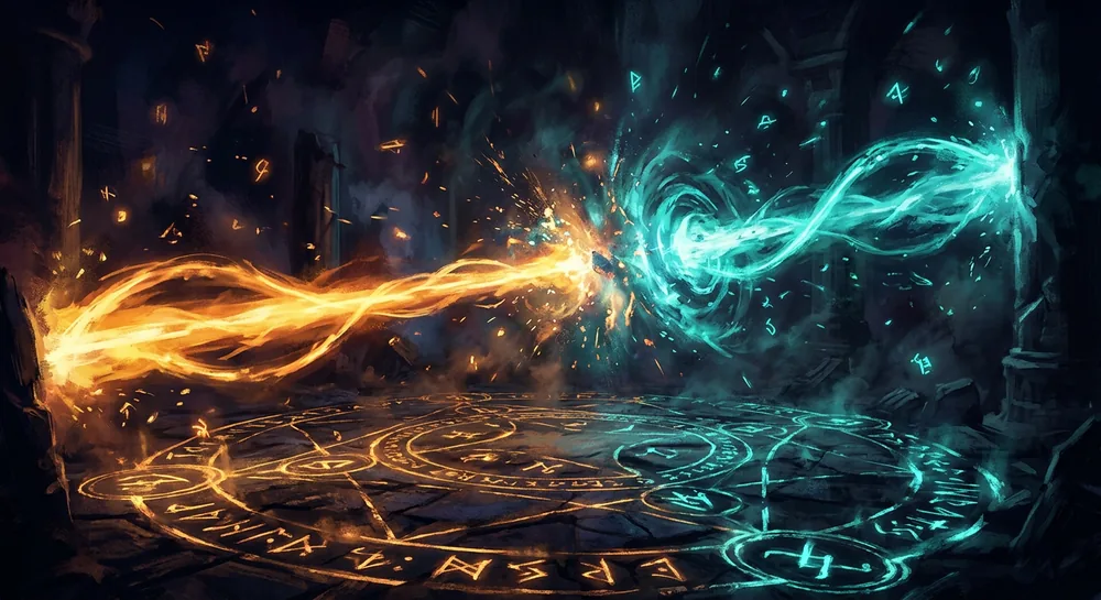 Stylizowana abstrakcyjna scena starcia magicznych run i zaklęć w ciemnej arenie